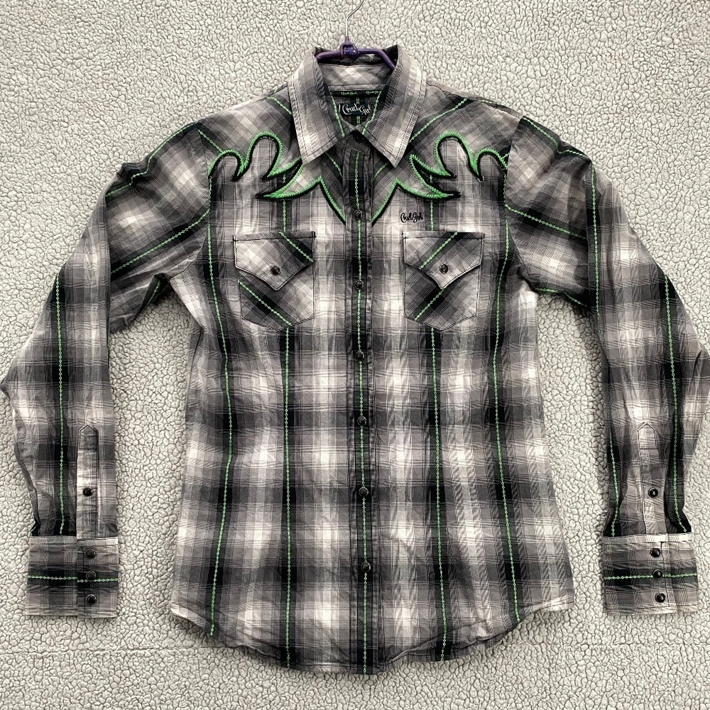 Cruel Girl Shirt Womens  Small Black Gray Green Snaps Embroidered Cowgirl Shirt